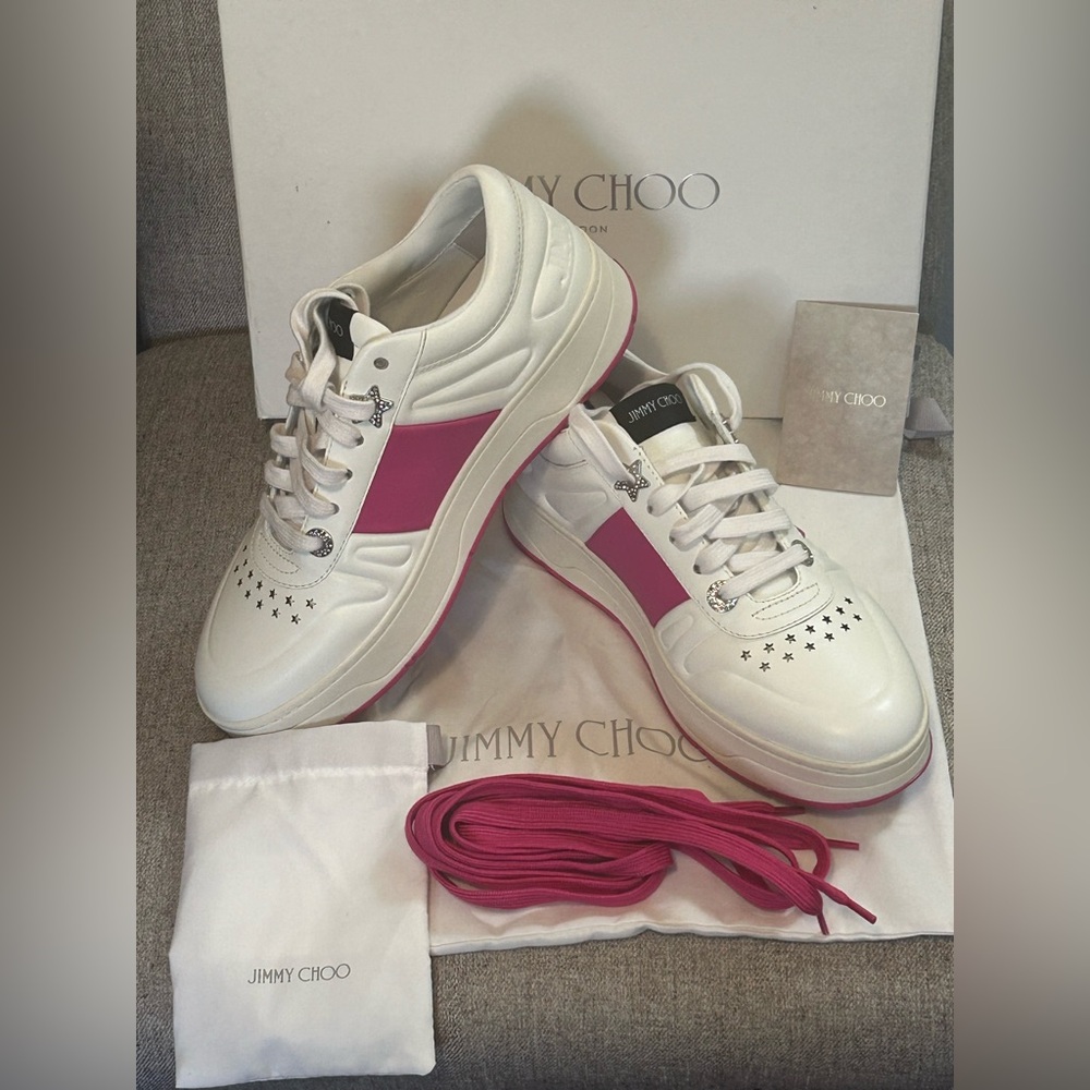 PRISTINE Jimmy Choo Hawaii Leather Stripe Flatform Sneakers - Picture 5 of 12